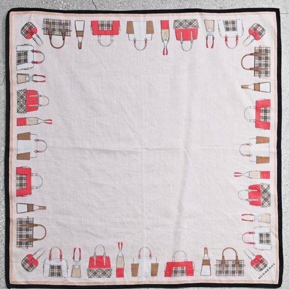 Burberry Scarf w/pattern of Burberry Bags, white/red/black, EUC - Picture 8 of 11